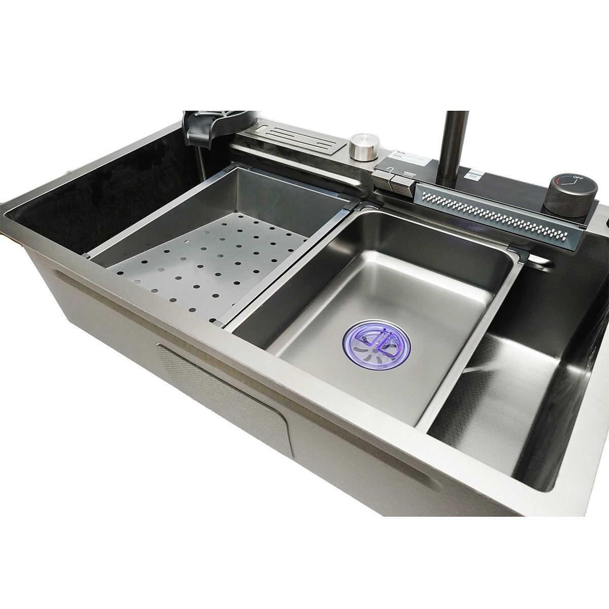 Chiuveta bucatarie multifunctionala cu doua baterii, otel inoxidabil, afisaj digital temperatura, doua cascade, spalator pahare, scurgator, tava, tocator si accesorii scurgere incluse, dimensiune 75x46x23.5cm